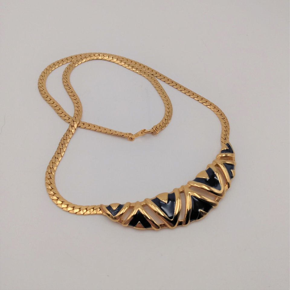 Smart Vintage Gold Tone and Navy Blue Enamel Statement Herringbone Chain Necklace and Earrings Set, Avon
