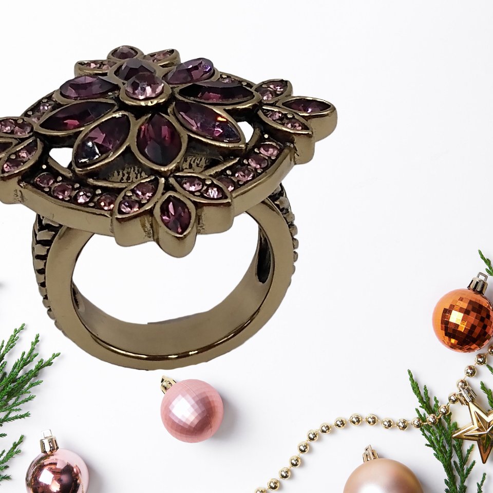 Designer Heidi Daus Bronze Table Top Amethyst Crystals and Small Pink Rhinestones Cocktail Statement Ring Size 6.25