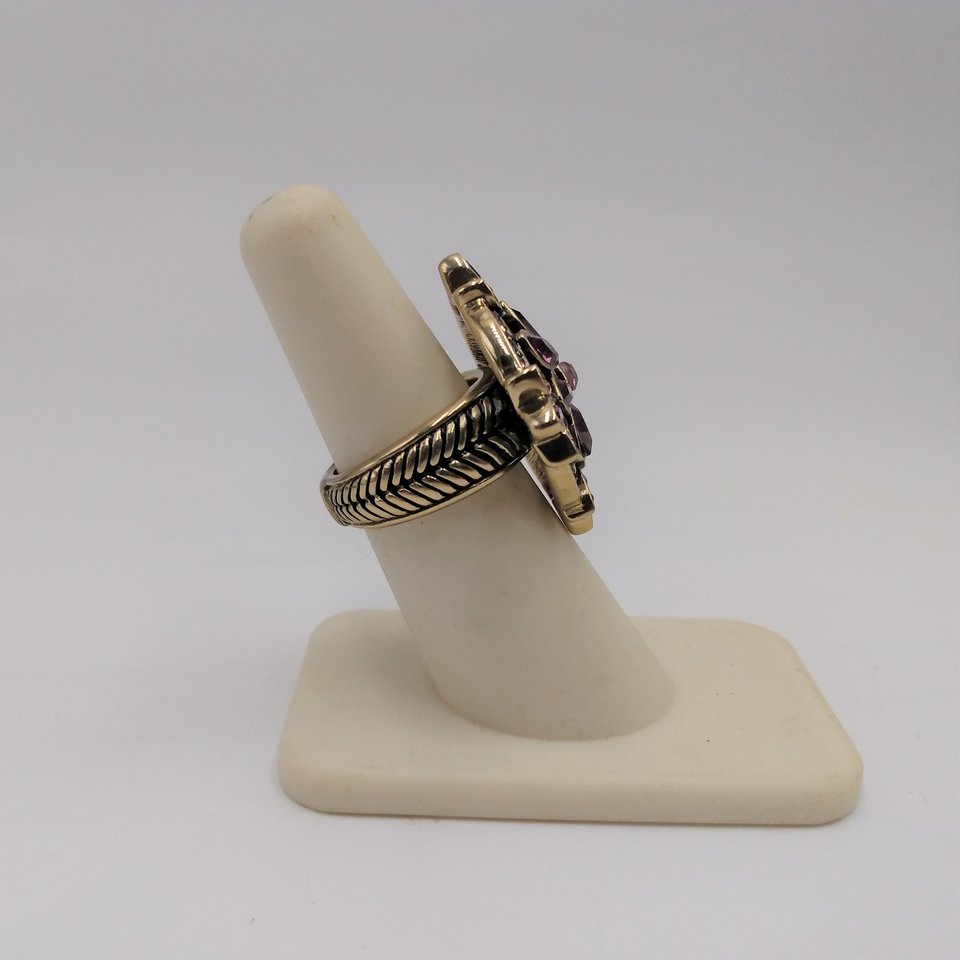 Designer Heidi Daus Bronze Table Top Amethyst Crystals and Small Pink Rhinestones Cocktail Statement Ring Size 6.25