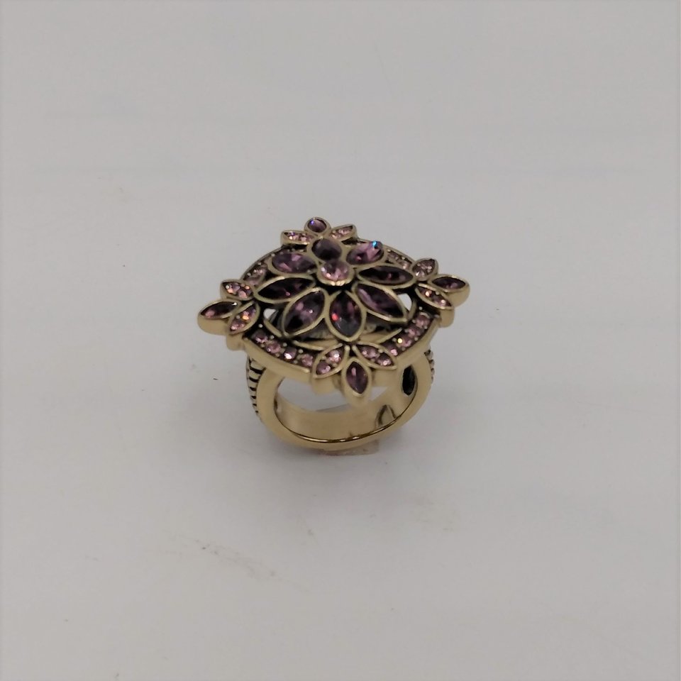 Designer Heidi Daus Bronze Table Top Amethyst Crystals and Small Pink Rhinestones Cocktail Statement Ring Size 6.25