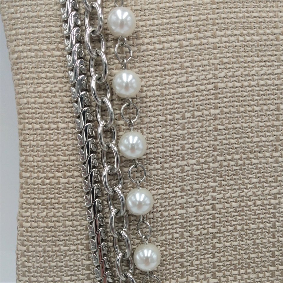 Silver Tone Chain and Faux Pearls Layered Statement Necklace, High Quality Vintage Heavy