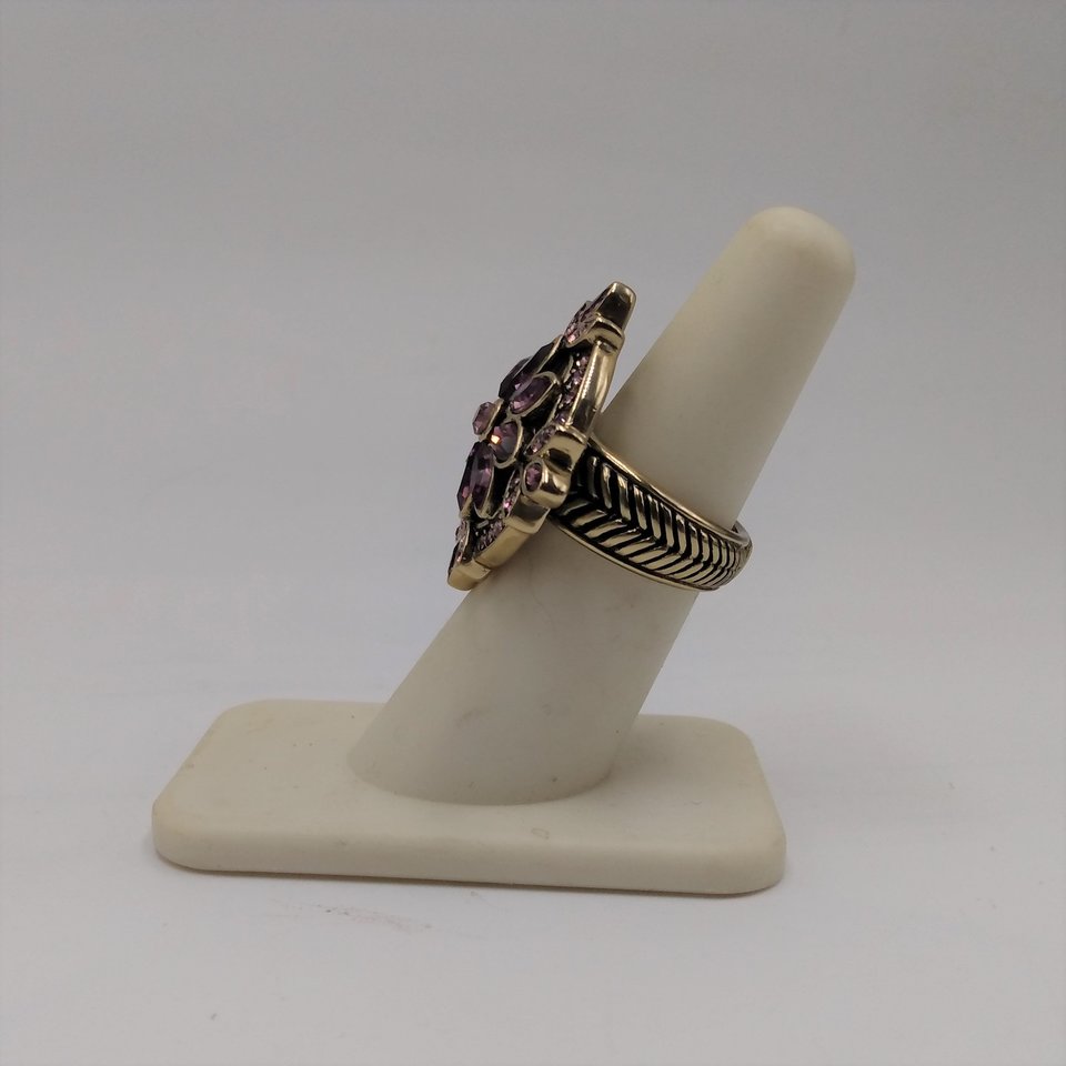 Designer Heidi Daus Bronze Table Top Amethyst Crystals and Small Pink Rhinestones Cocktail Statement Ring Size 6.25