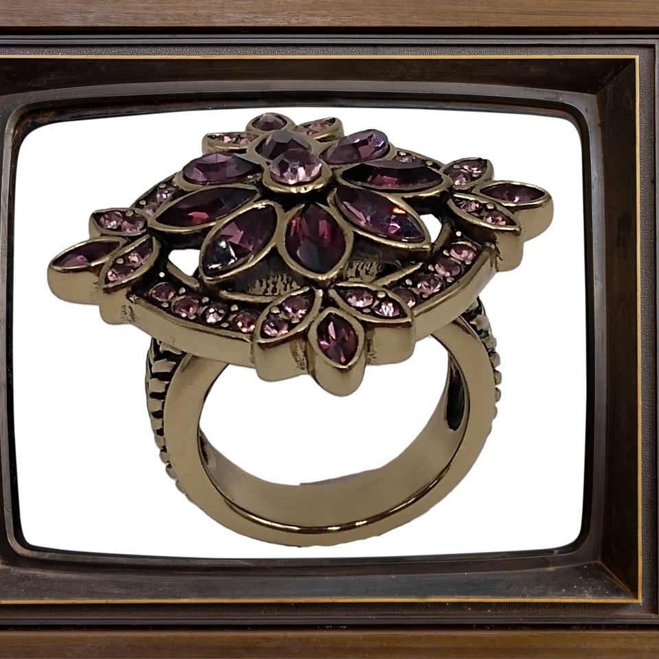 Designer Heidi Daus Bronze Table Top Amethyst Crystals and Small Pink Rhinestones Cocktail Statement Ring Size 6.25
