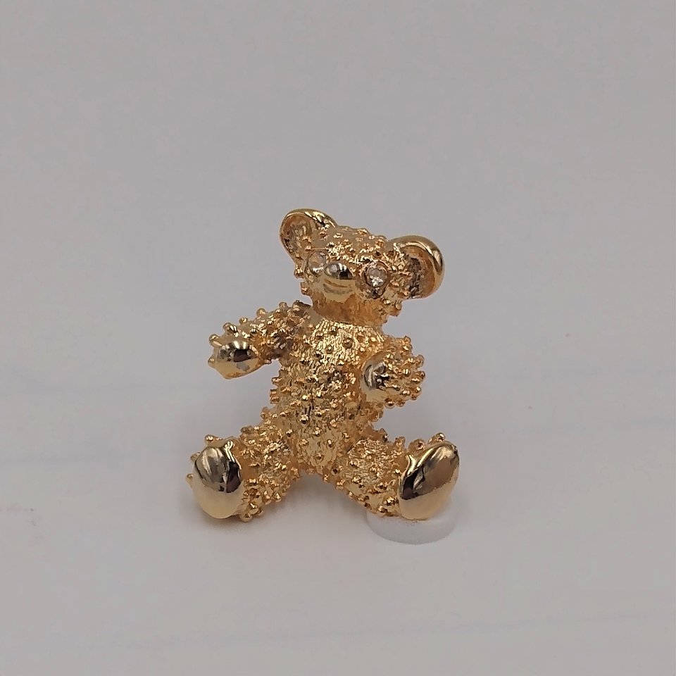 Sweet Vintage Gold Tone Teddy Bear with Rhinestone Eyes Brooch, Signed AAi