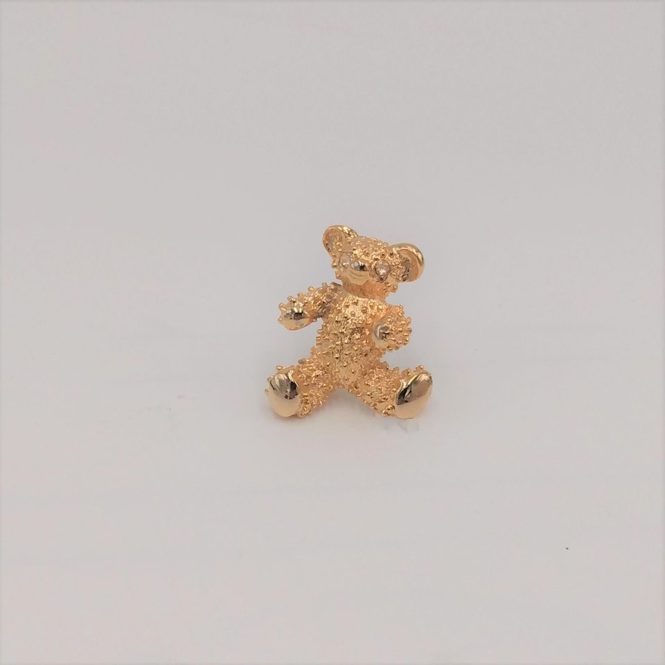 Sweet Vintage Gold Tone Teddy Bear with Rhinestone Eyes Brooch, Signed AAi