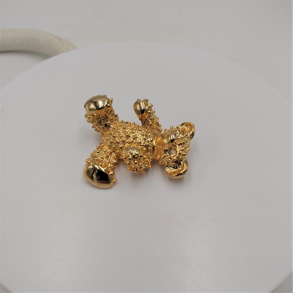 Sweet Vintage Gold Tone Teddy Bear with Rhinestone Eyes Brooch, Signed AAi