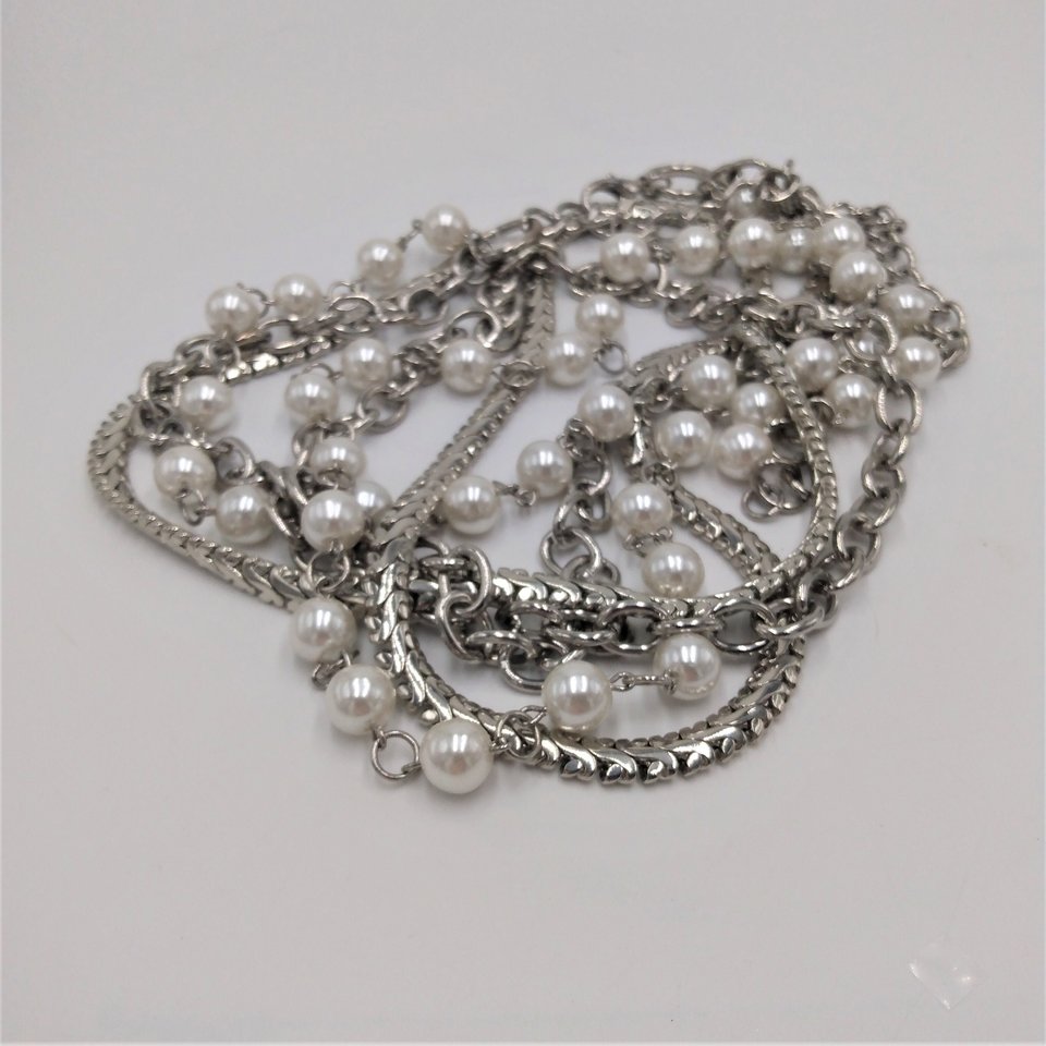 Silver Tone Chain and Faux Pearls Layered Statement Necklace, High Quality Vintage Heavy