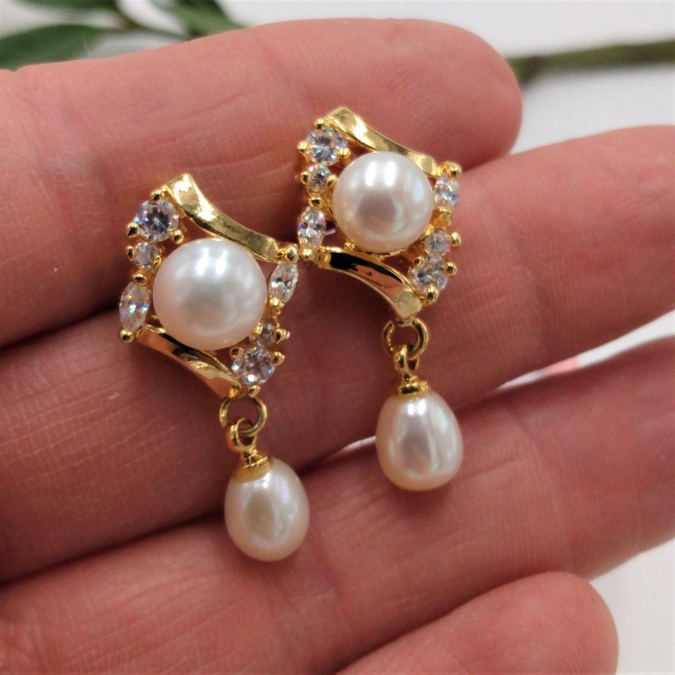 Vintage Gold Tone, Cubic Zirconia and Faux Pearls  Earrings