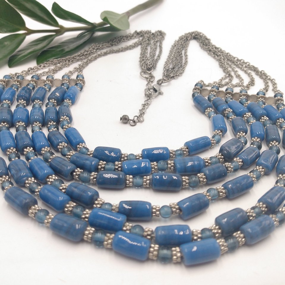 Silver Tone Multi- Strand Periwinkle Blue Barrel Beaded Bib Statement Necklace, Vintage