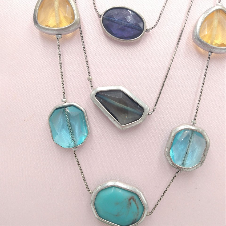 90's Vintage Chico's Silver Tone, Blue,Green and Yellow Multi Strand Statement necklace