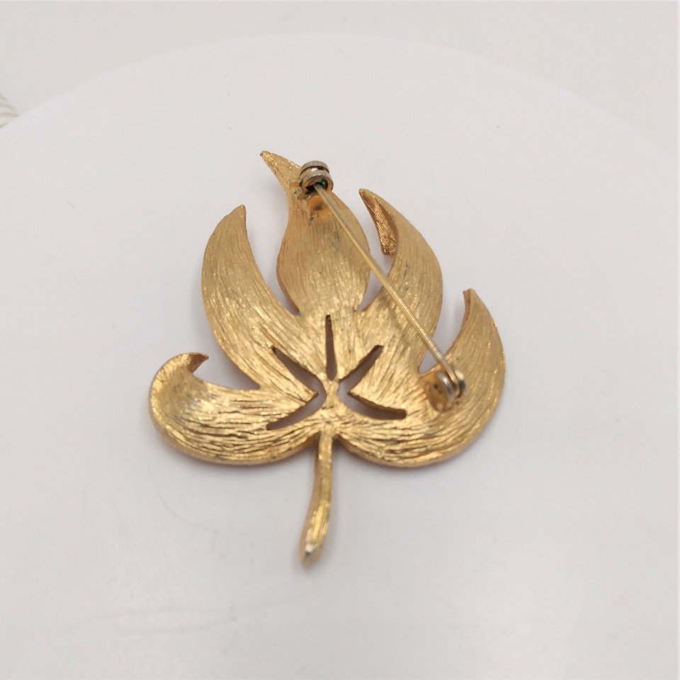 Vintage Mid Century Gold Tone Textured  Leaf Brooch for Women
