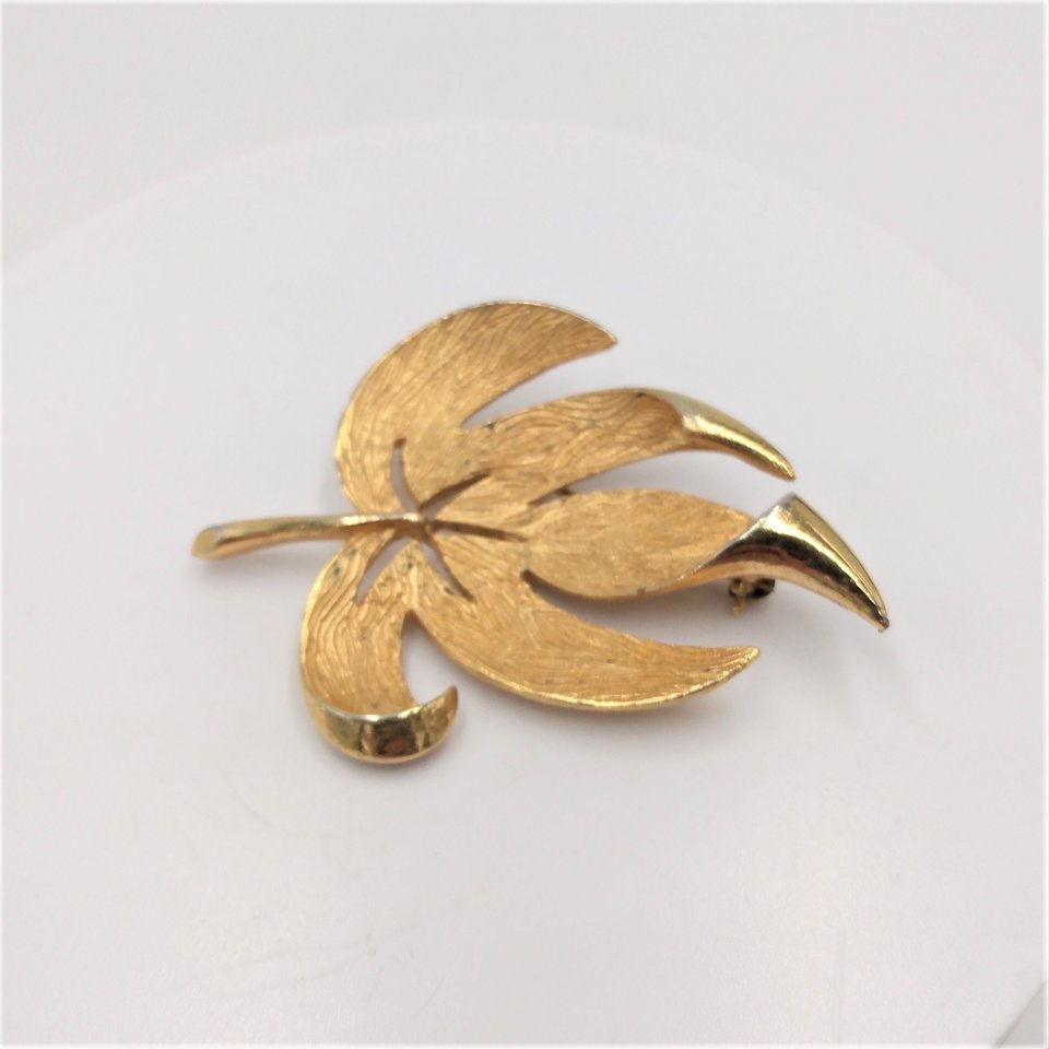 Vintage Mid Century Gold Tone Textured  Leaf Brooch for Women