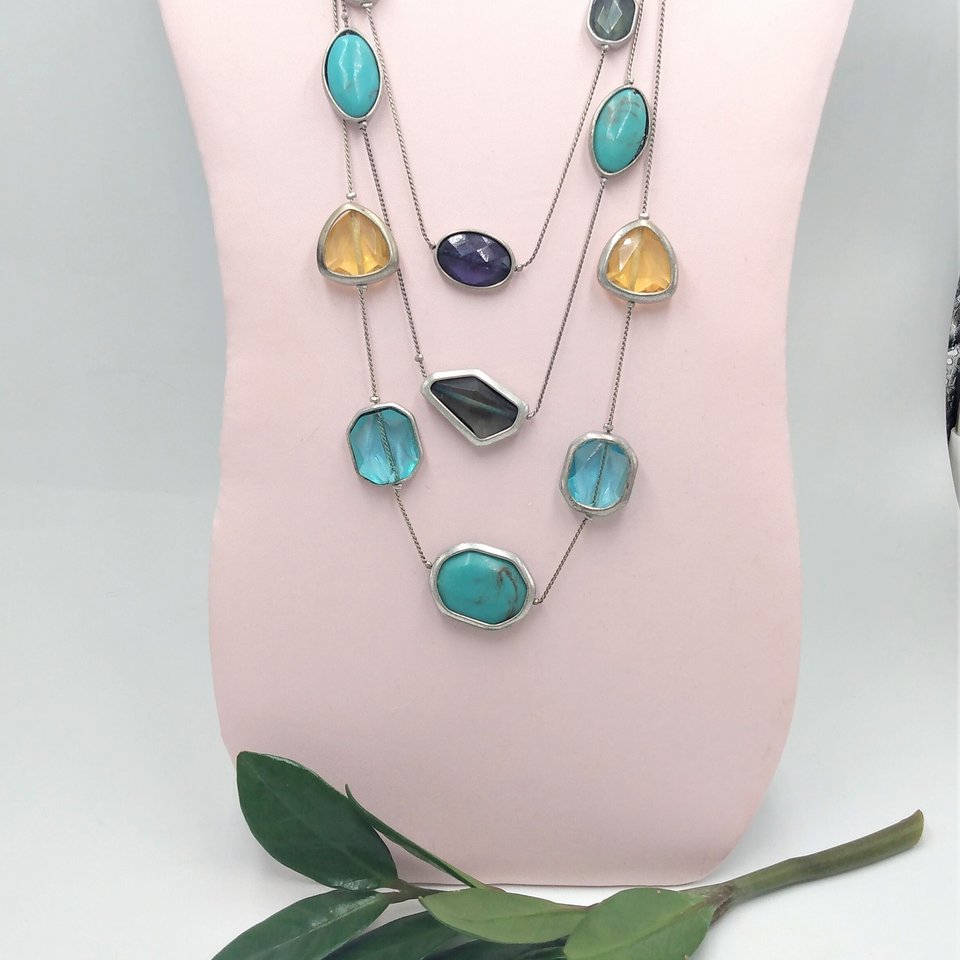 90's Vintage Chico's Silver Tone, Blue,Green and Yellow Multi Strand Statement necklace