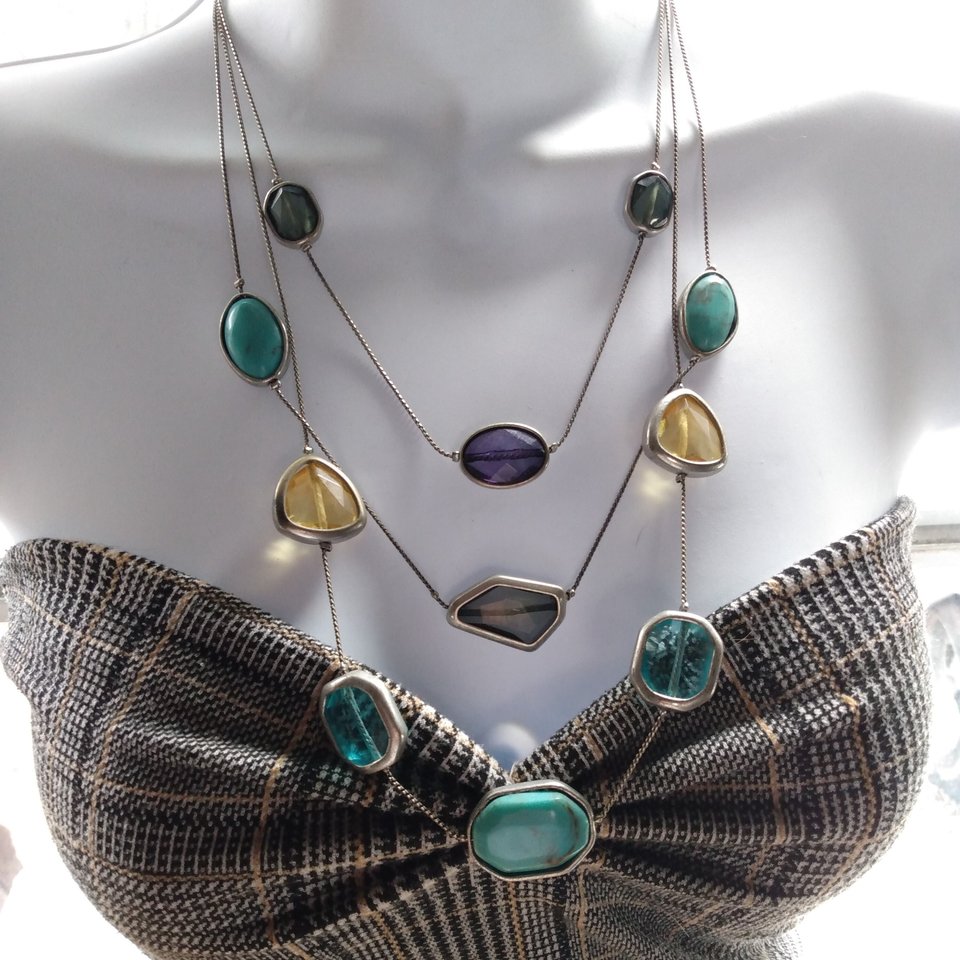 90's Vintage Chico's Silver Tone, Blue,Green and Yellow Multi Strand Statement necklace