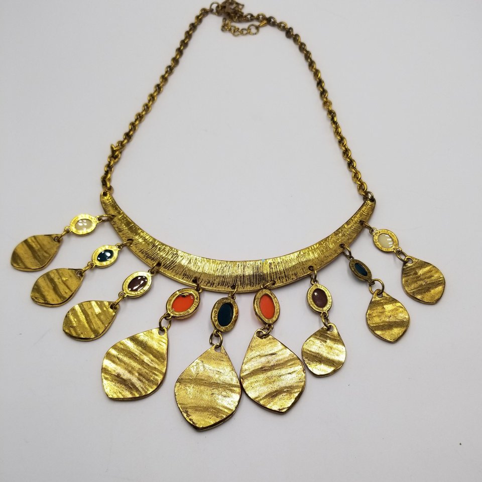 80's Exciting Colorful Brass Tone Fringe Bib Statement Necklace