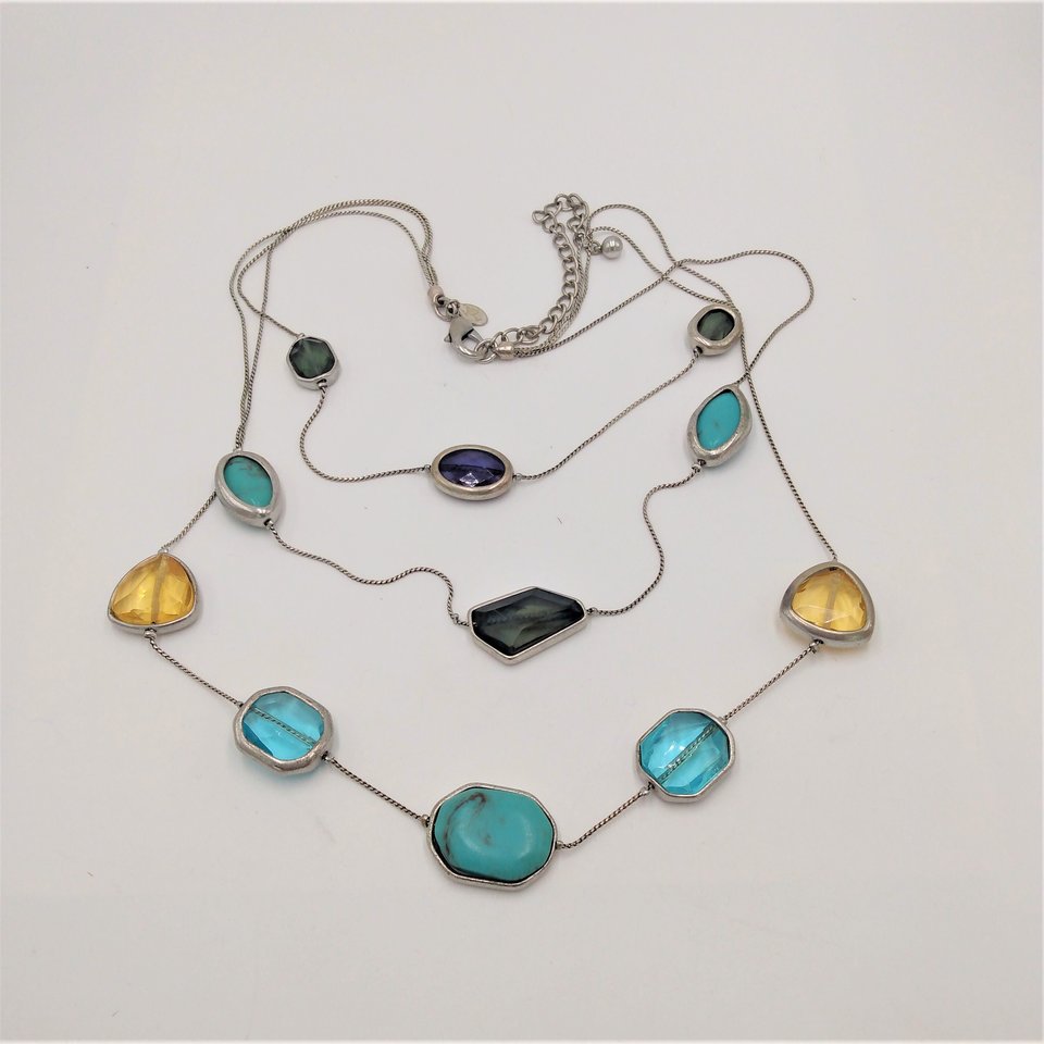 90's Vintage Chico's Silver Tone, Blue,Green and Yellow Multi Strand Statement necklace