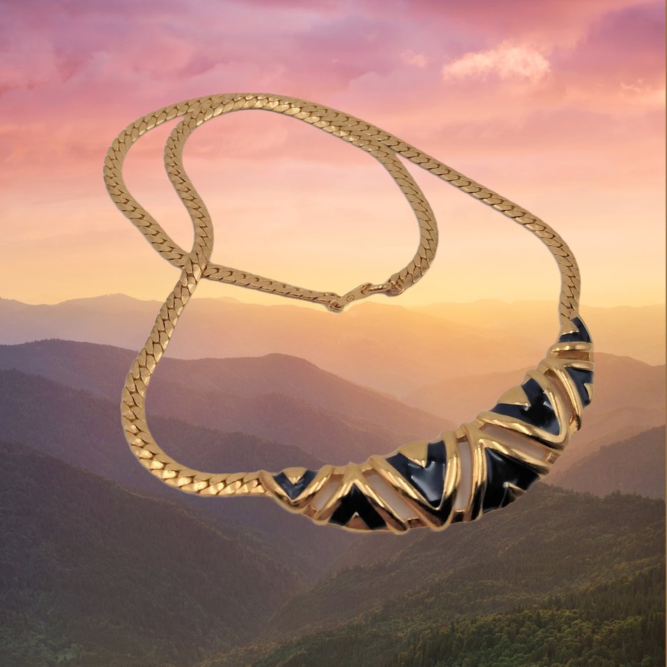 Smart Vintage Gold Tone and Navy Blue Enamel Statement Herringbone Chain Necklace and Earrings Set, Avon
