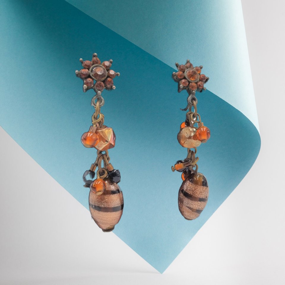 Stunning Vintage Lampwork Murano Style Glass Beads and Rhinestones Dangle Screw Back Earrings