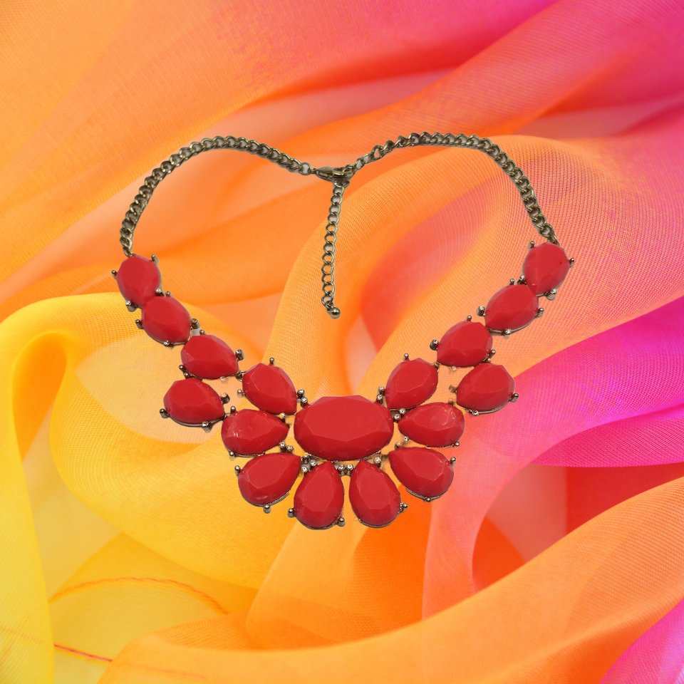 Bold 80's Vintage Gold Tone and Bright Red  Faceted Cabochons and Rhinestone Accents Bib Statement Necklace