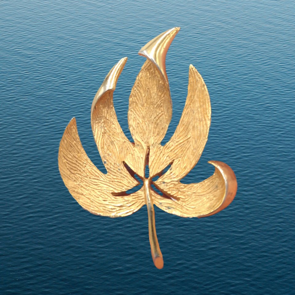 Vintage Mid Century Gold Tone Textured  Leaf Brooch for Women
