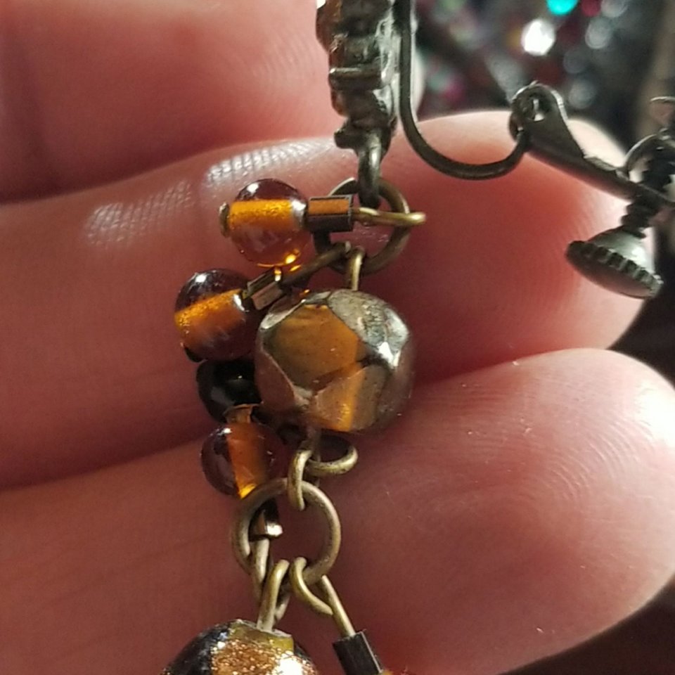 Stunning Vintage Lampwork Murano Style Glass Beads and Rhinestones Dangle Screw Back Earrings