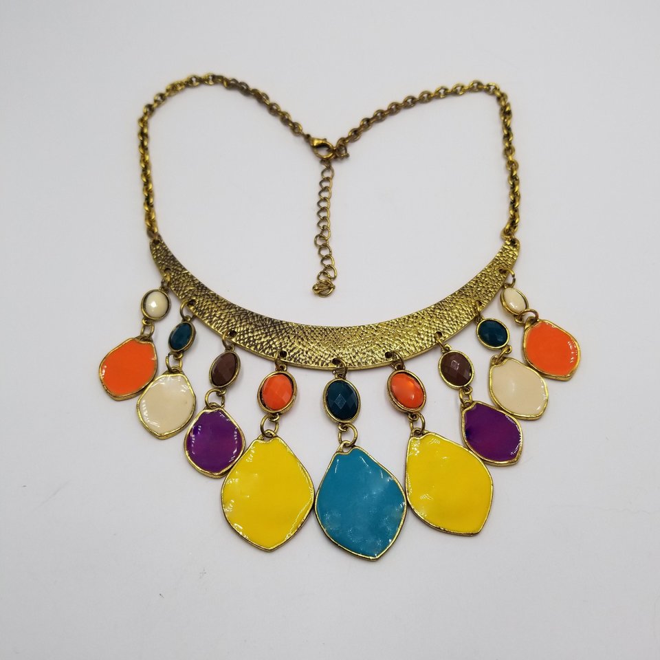80's Exciting Colorful Brass Tone Fringe Bib Statement Necklace