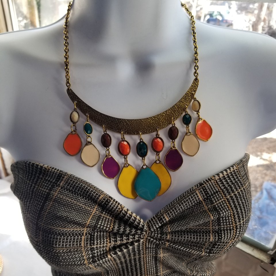 80's Exciting Colorful Brass Tone Fringe Bib Statement Necklace