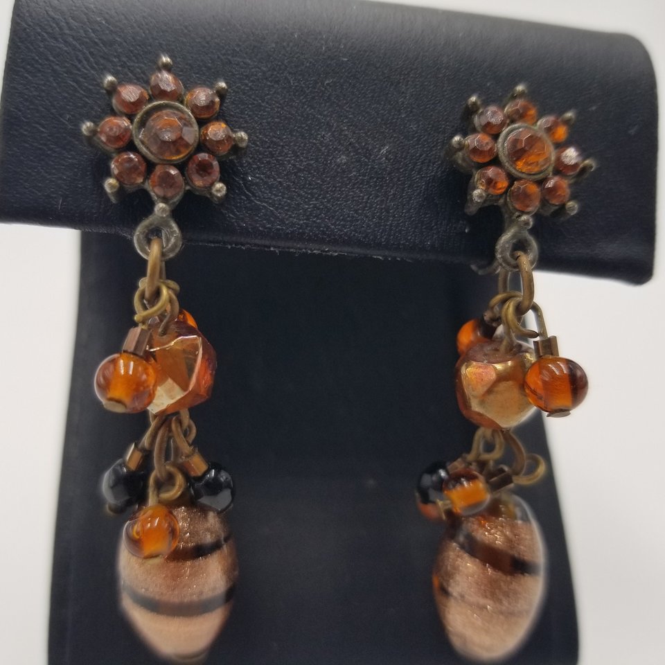 Stunning Vintage Lampwork Murano Style Glass Beads and Rhinestones Dangle Screw Back Earrings