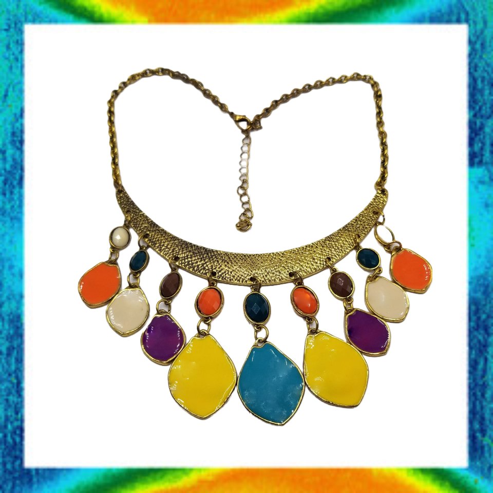 80's Exciting Colorful Brass Tone Fringe Bib Statement Necklace