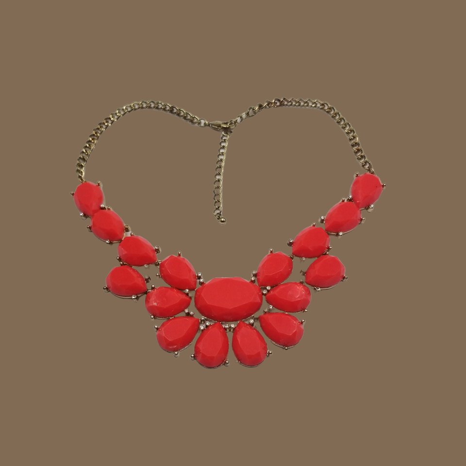 Bold 80's Vintage Gold Tone and Bright Red  Faceted Cabochons and Rhinestone Accents Bib Statement Necklace
