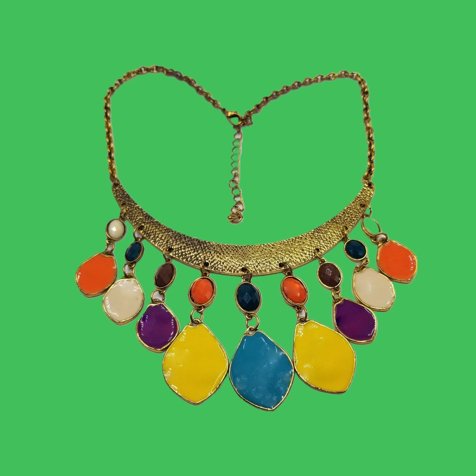 80's Exciting Colorful Brass Tone Fringe Bib Statement Necklace