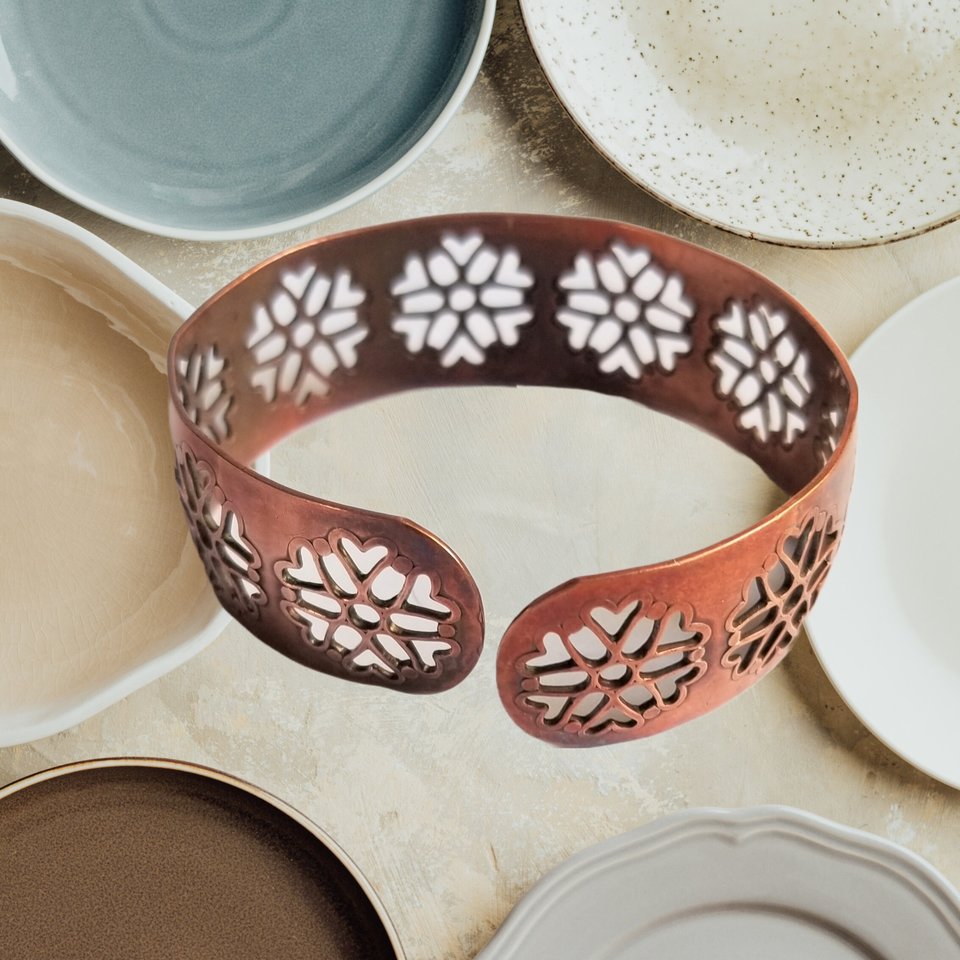 Earthy Vintage Southwestern Solid Copper Open Work Flowers Open Cuff Bracelet