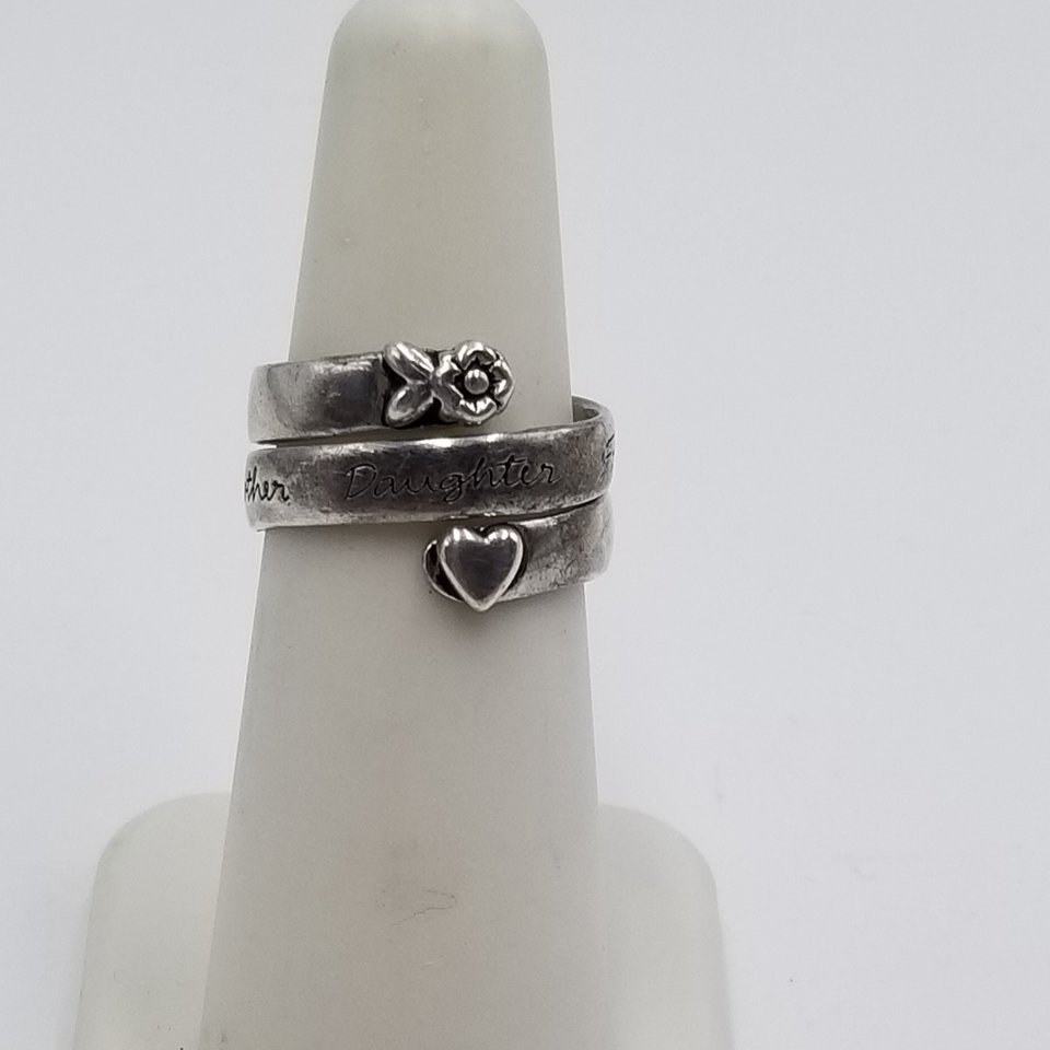 Sterling Silver Heart and Flower Mother Daughter Wrap Around Bypass Band Ring Size 6