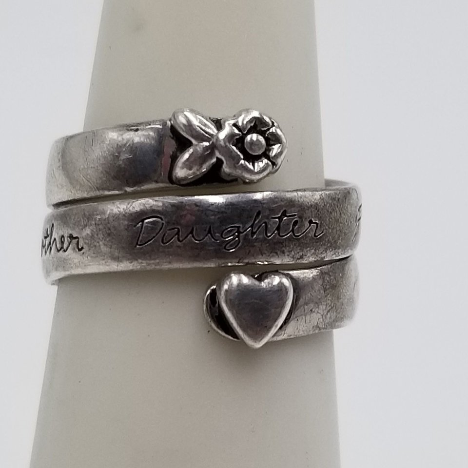Sterling Silver Heart and Flower Mother Daughter Wrap Around Bypass Band Ring Size 6