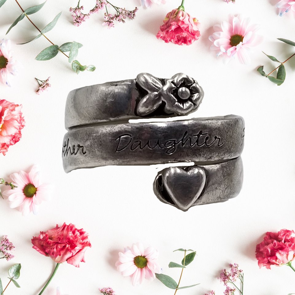 Sterling Silver Heart and Flower Mother Daughter Wrap Around Bypass Band Ring Size 6