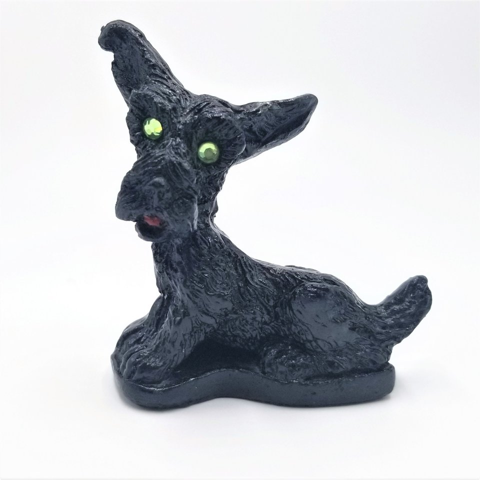 Vintage Carved Coal Scottish Terrier Dog Figurine, with Green Rhinestone Eyes