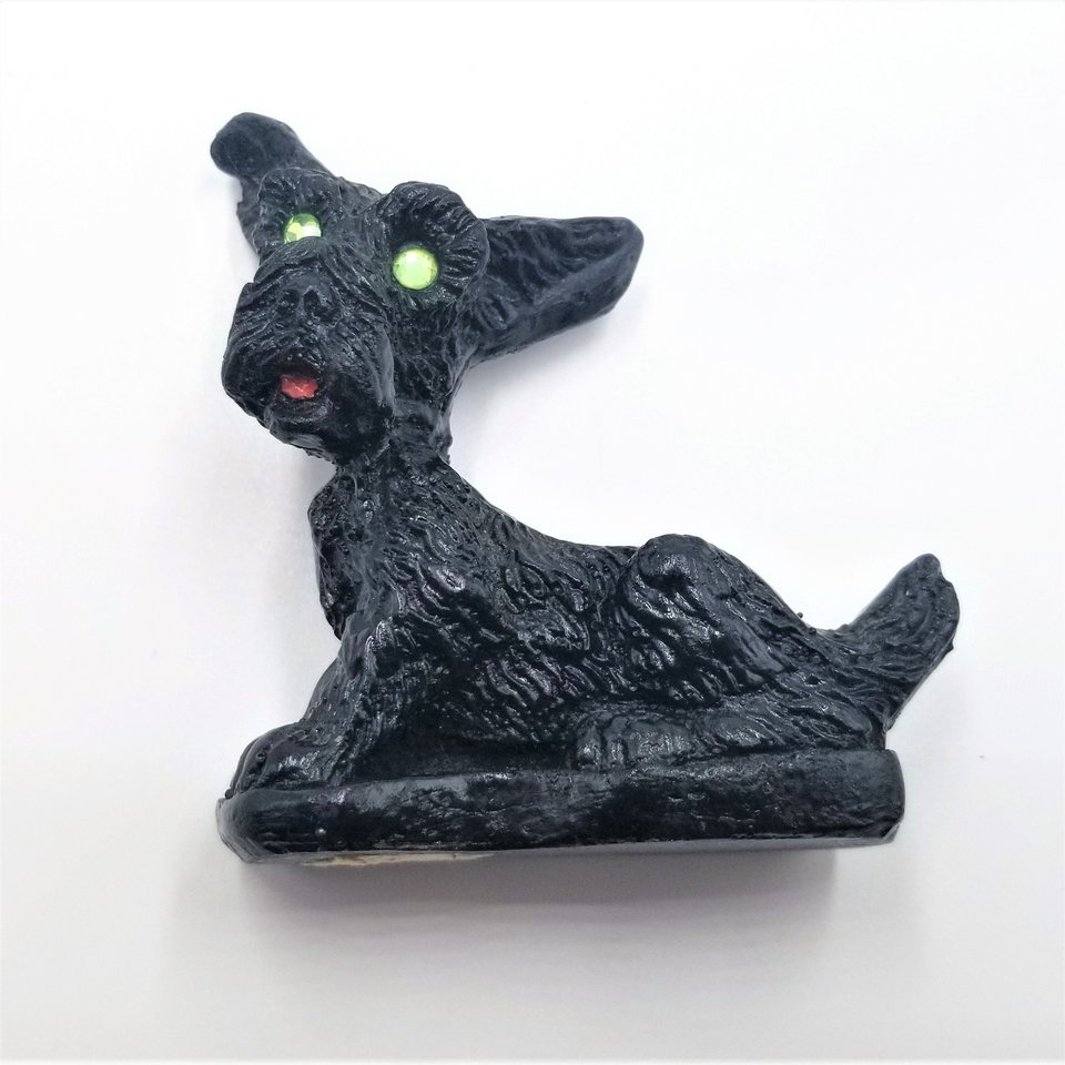 Vintage Carved Coal Scottish Terrier Dog Figurine, with Green Rhinestone Eyes