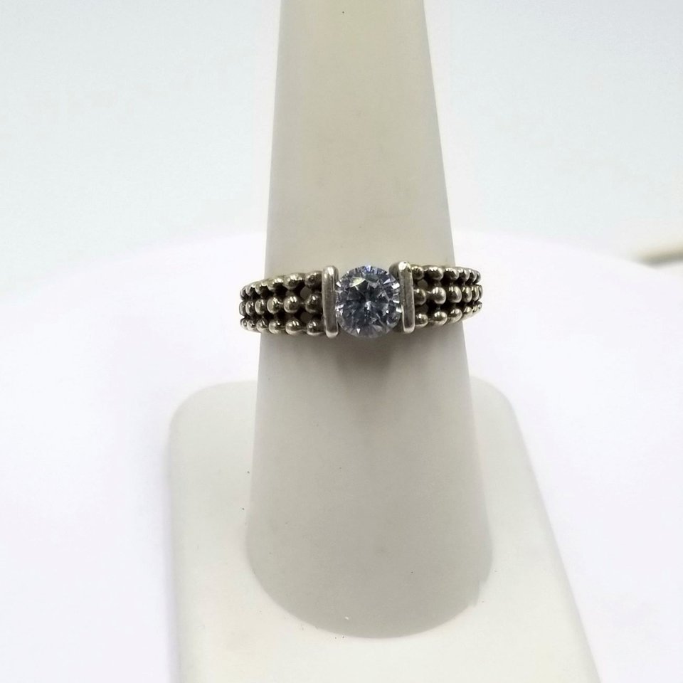 Unique Vintage Sterling Silver Tension Set Cubic Zirconia Silver Granule Textured Solitaire Ring ,Size 7.75