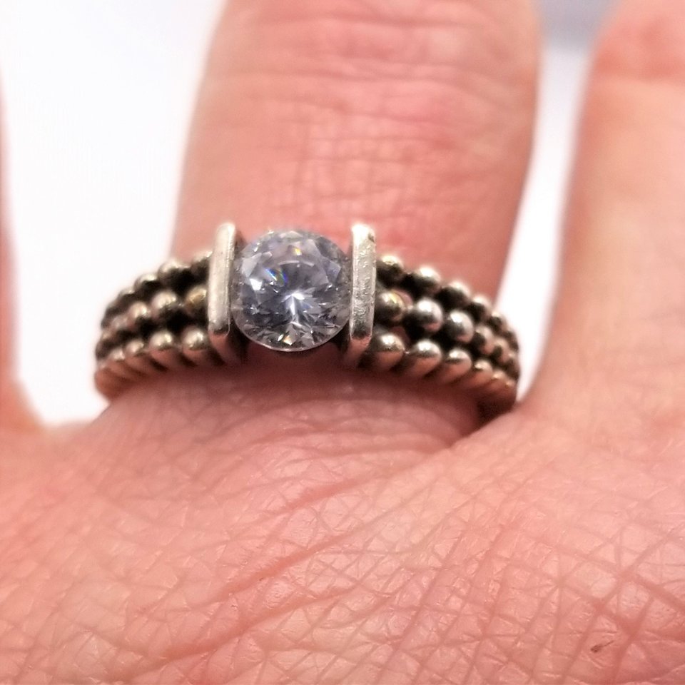 Unique Vintage Sterling Silver Tension Set Cubic Zirconia Silver Granule Textured Solitaire Ring ,Size 7.75
