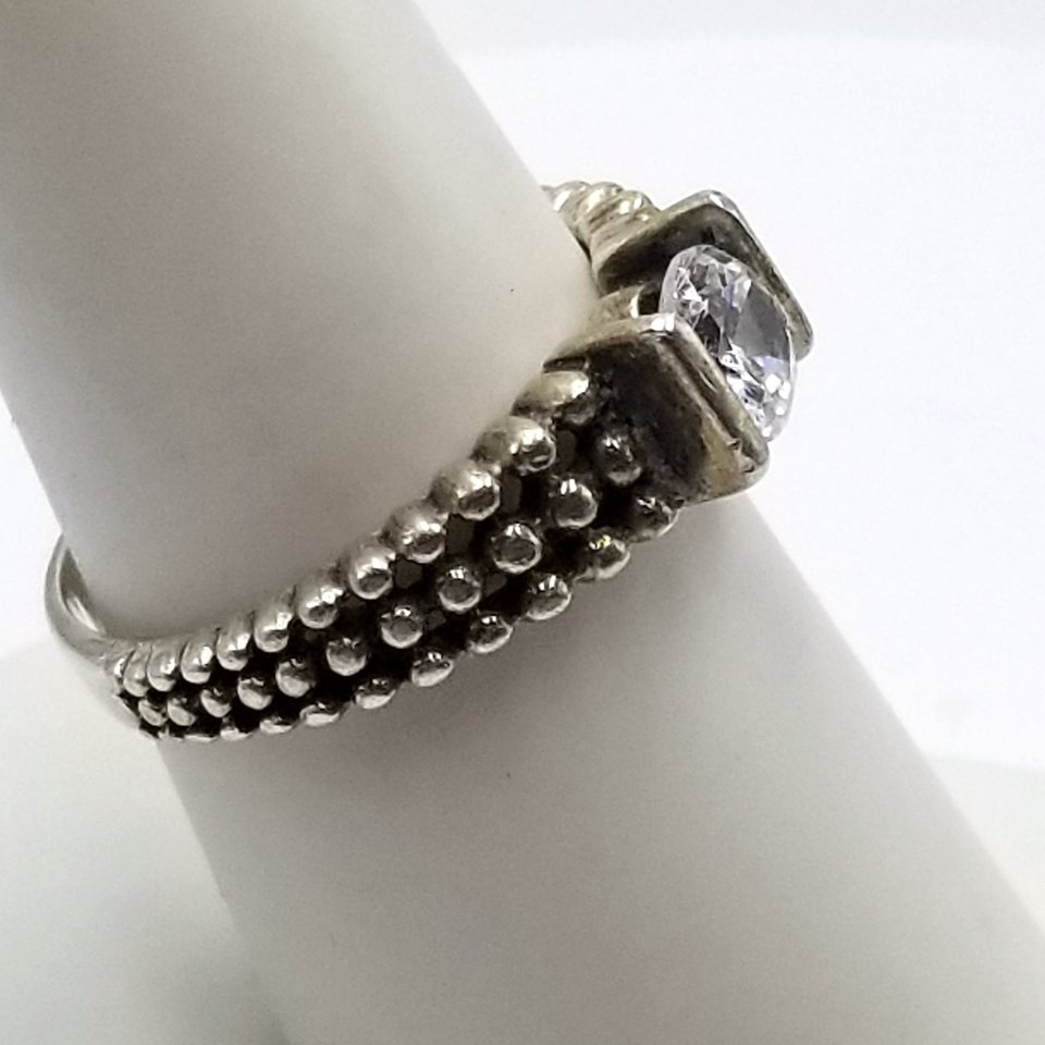 Unique Vintage Sterling Silver Tension Set Cubic Zirconia Silver Granule Textured Solitaire Ring ,Size 7.75