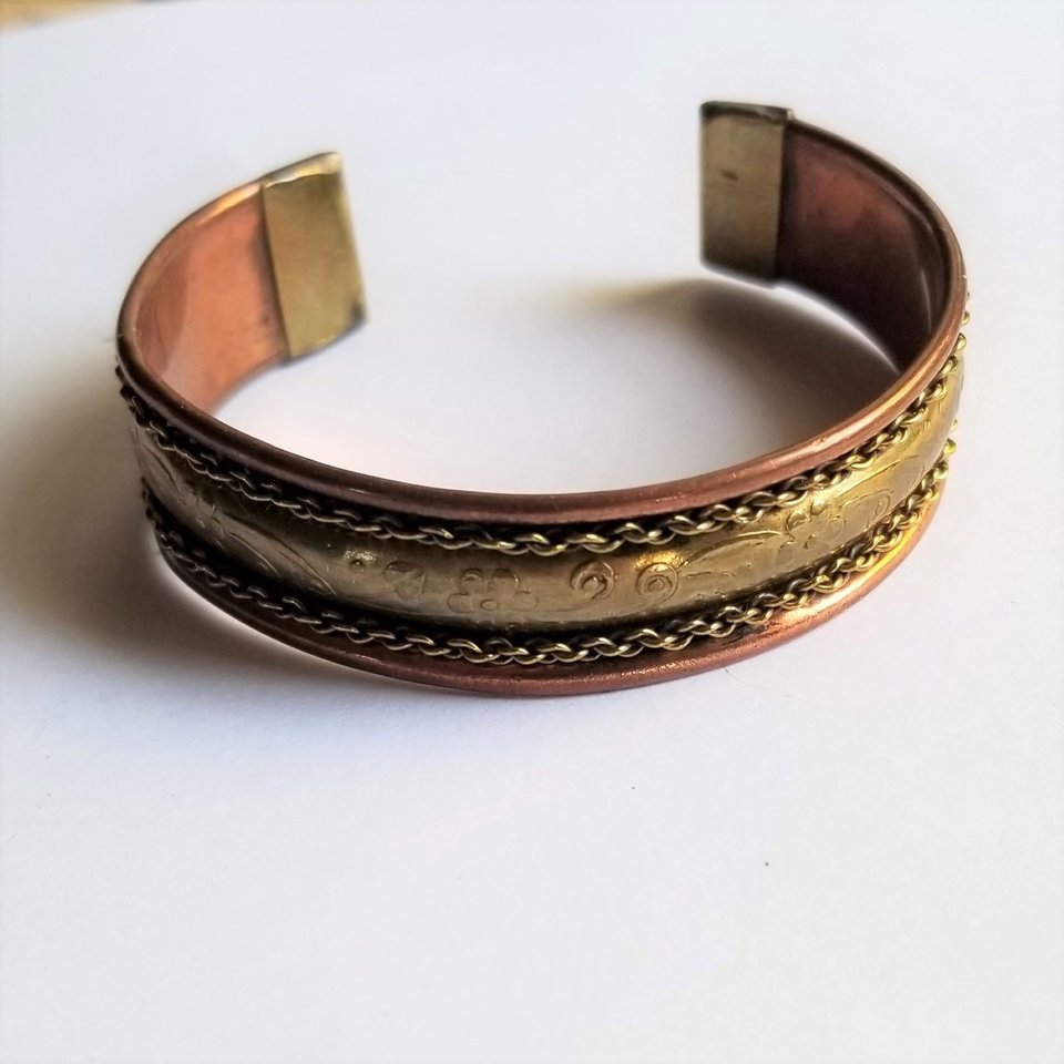 Bohemian Vintage Copper and Stamped Flowers on Brass Open Cuff Bracelet, 1970's