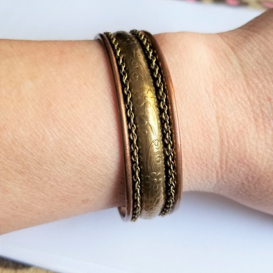 Bohemian Vintage Copper and Stamped Flowers on Brass Open Cuff Bracelet, 1970's