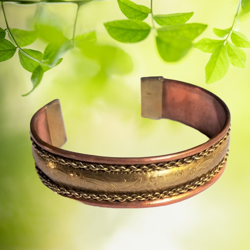 Bohemian Vintage Copper and Stamped Flowers on Brass Open Cuff Bracelet, 1970's