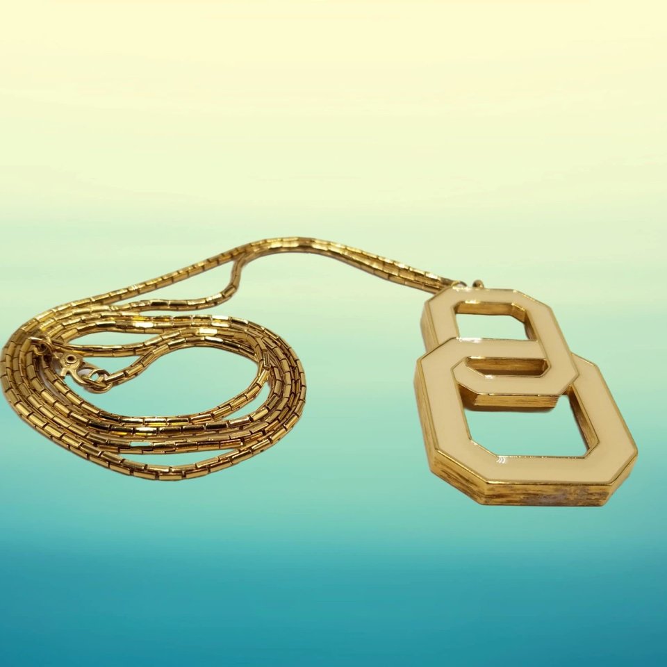 MONET Gold Tone and Light Cream Yellow Enamel Interlocking Links Pendant and Snake Chain