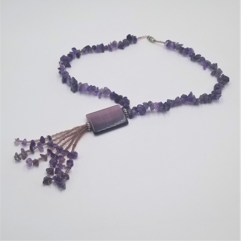 Beautiful Vintage Natural Amethyst Chip Beaded Tassel Necklace