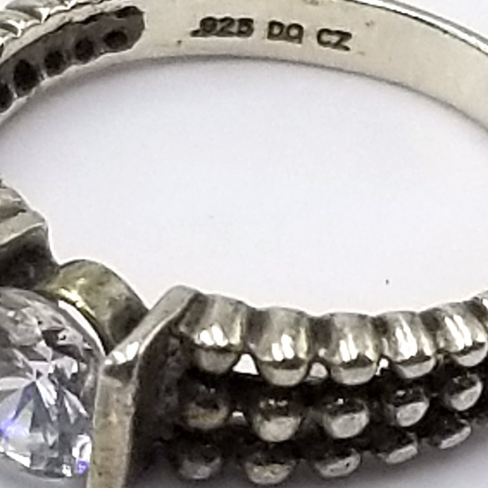 Unique Vintage Sterling Silver Tension Set Cubic Zirconia Silver Granule Textured Solitaire Ring ,Size 7.75