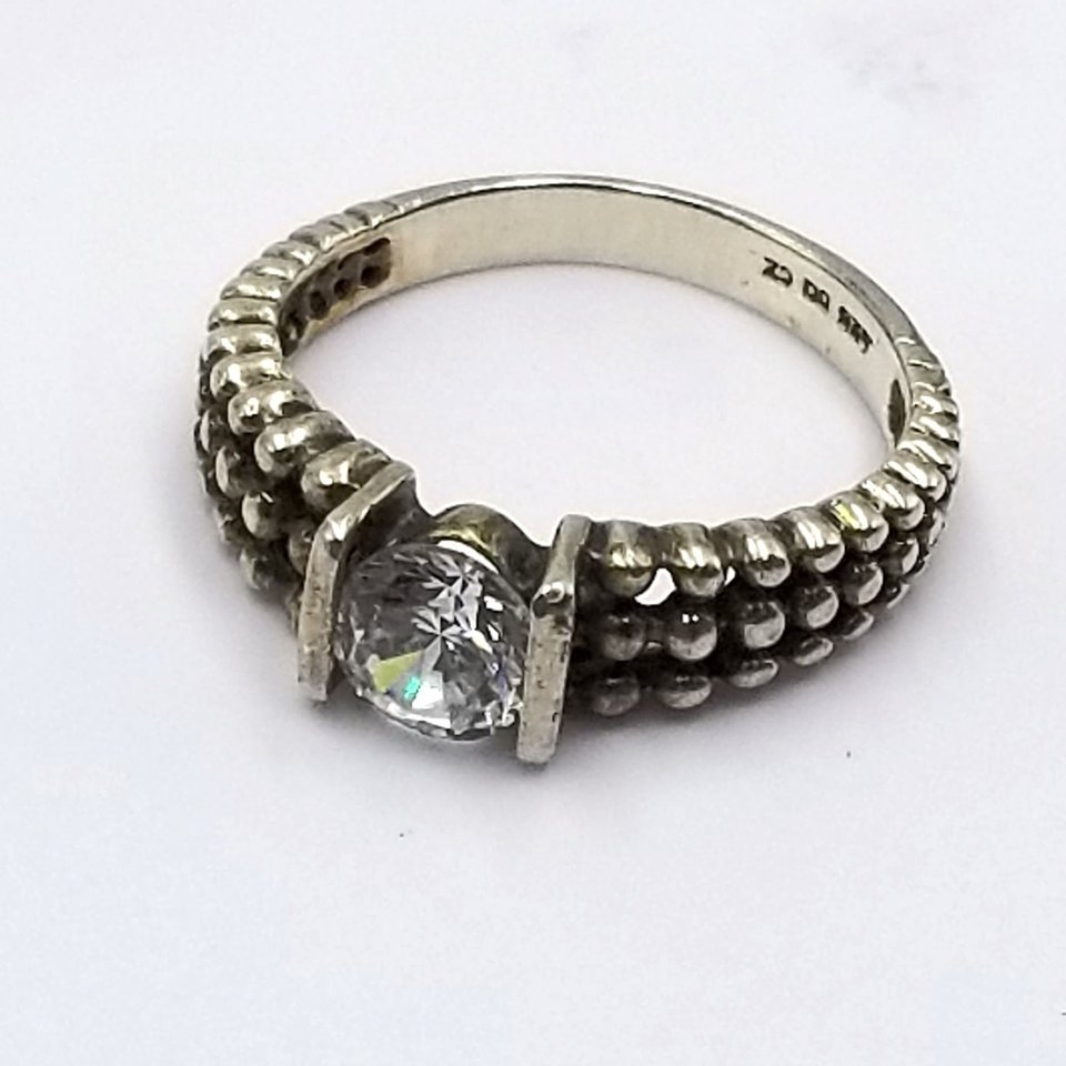 Unique Vintage Sterling Silver Tension Set Cubic Zirconia Silver Granule Textured Solitaire Ring ,Size 7.75