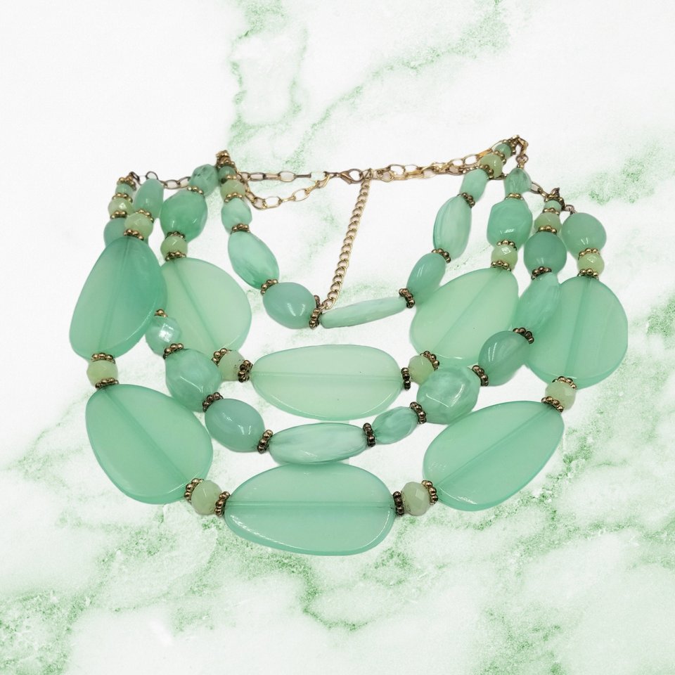 Huge Vintage Chunky Semi Translucent Mint Green Lucite  Multi- Strand Beaded Statement Necklace, Springtime Vibes