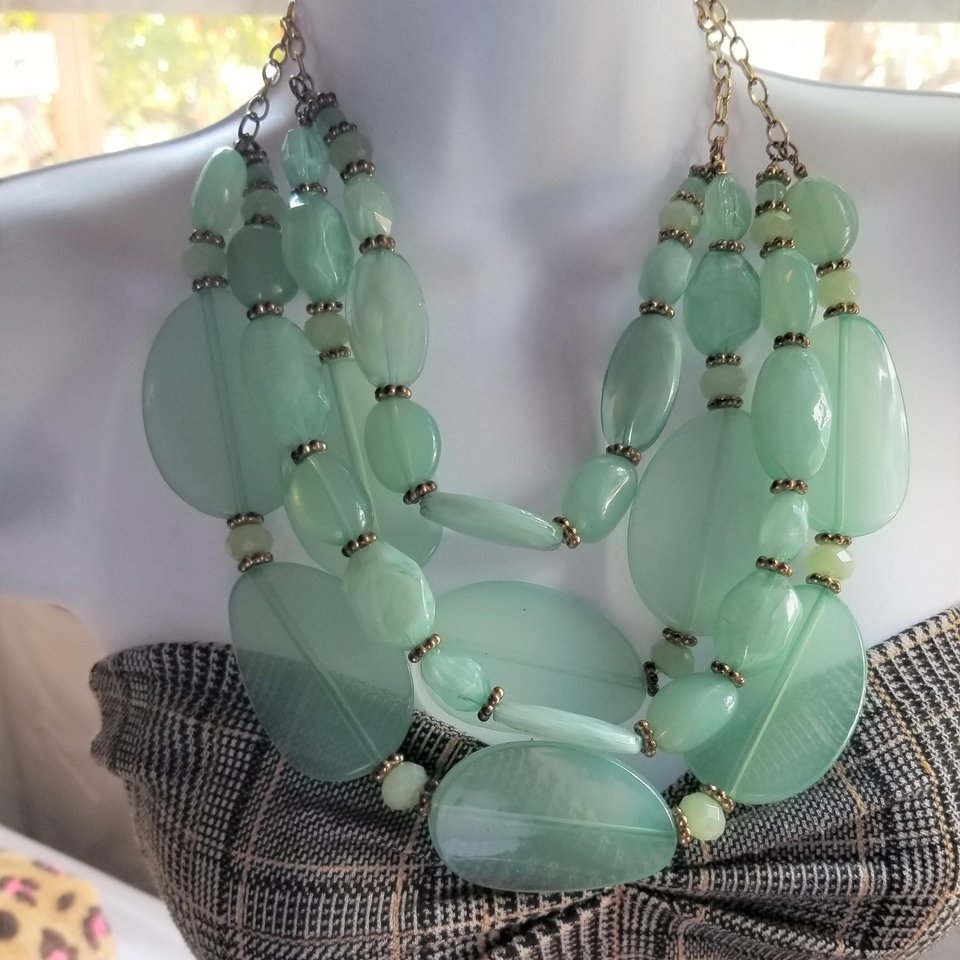 Huge Vintage Chunky Semi Translucent Mint Green Lucite  Multi- Strand Beaded Statement Necklace, Springtime Vibes