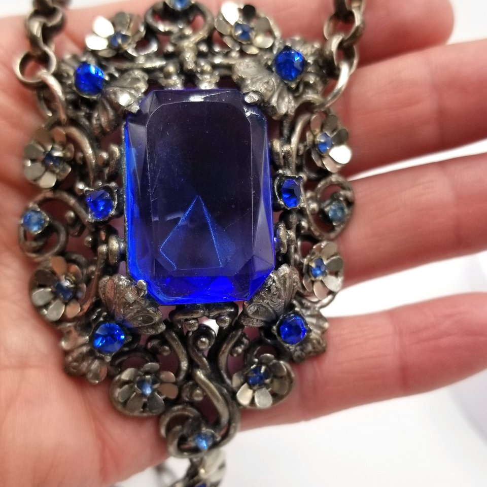 Czech Victorian Revival Decadent Vintage Gothic Large Blue Glass Ornate Pendant Rebuilt Necklace